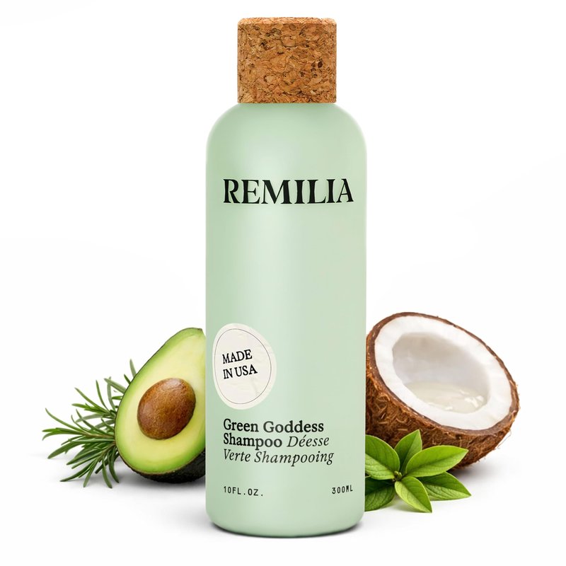 Remilia Green Goddess Shampoo with Rosemary Oil, Panthenol B5, Green Tea & Botanical Extracts - Vegan Cleansing Daily Hair Care Formula for Men & Women - 300 ml - 10 fl oz