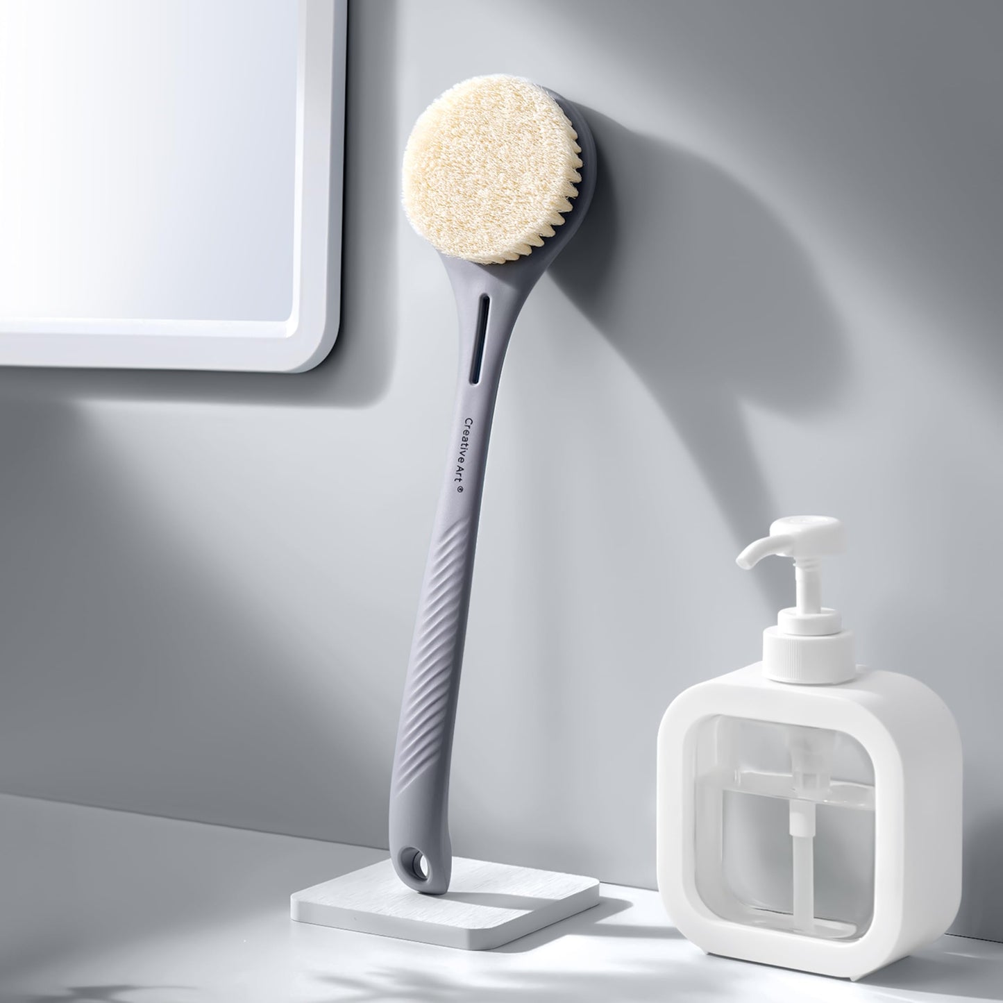 Back Scrubber for Shower for Men Women, Body Brush with Long Handle, Exfoliating Bath Washer with Soft Bristles, Body Exfoliator for Wet or Dry Brushing, Back Scrub Deep Cleaning, Gray