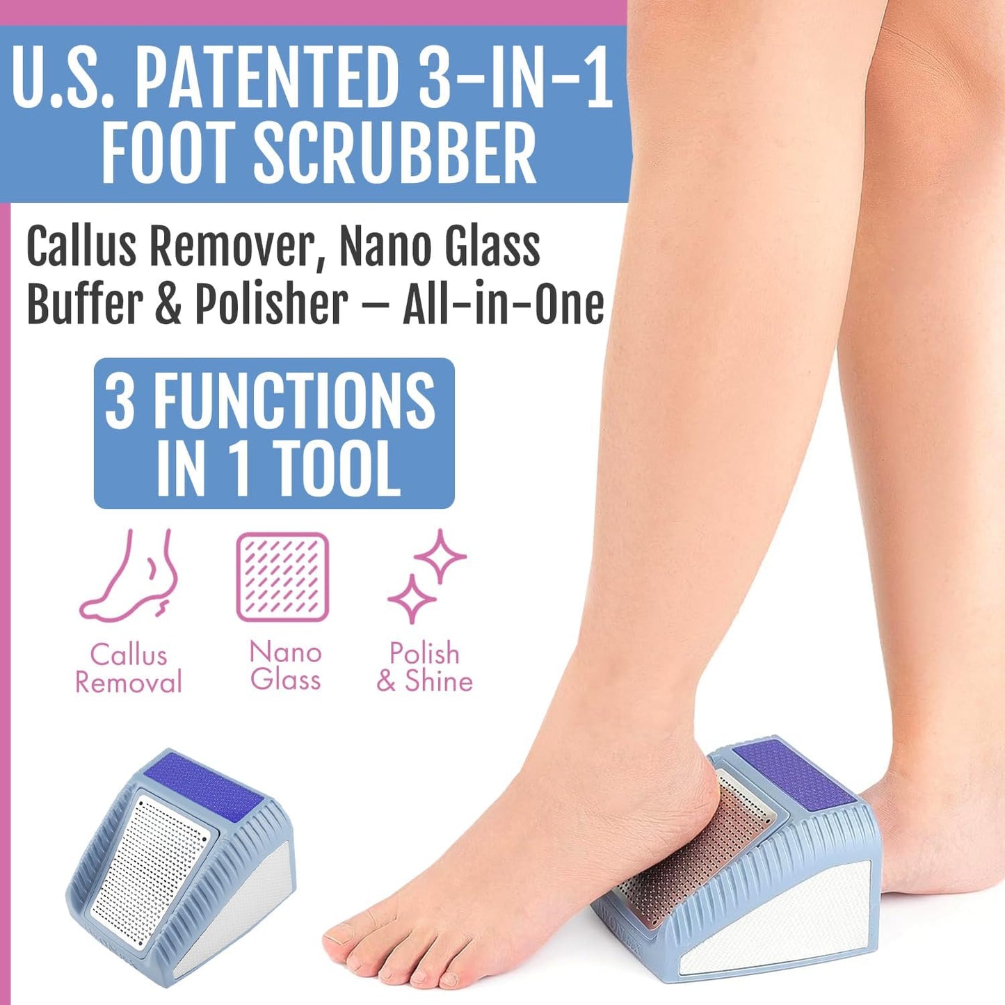 Wonex 3-in-1 Foot Scrubber - U.S. Patented No-Bend Callus Remover & Nano Glass Buffer - Ideal for Seniors & Recovery (Grey)