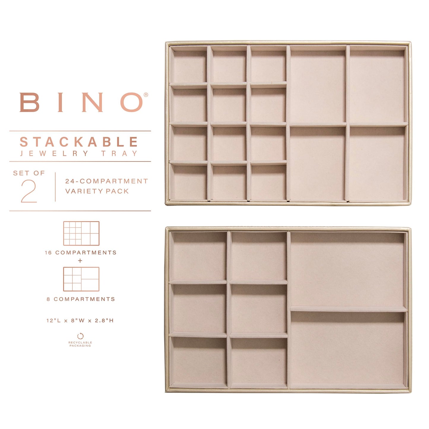 BINO | Jewelry Tray 2-Pack(Champagne) Stackable Jewelry Organizer Display | Accesories Holder and Display, Velvet Accent | Jewelry Display Case | Counter Showcase | Ring, Necklace, Bracelet, Earrings