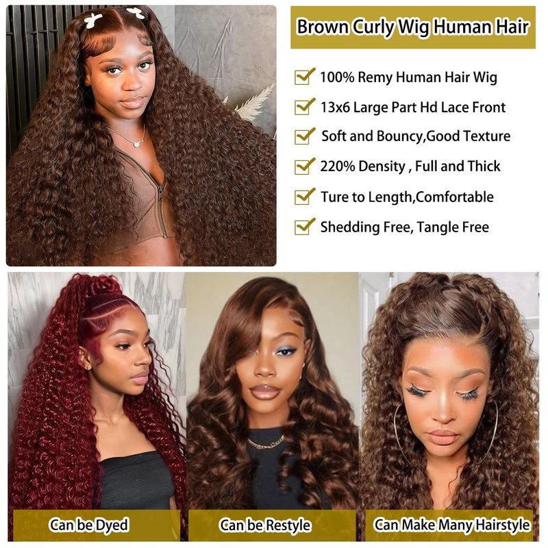 BIANFA 30 Inch Chocolate Brown Deep Wave Lace Front Wigs Human Hair 220 Density 13x6 HD Lace Frontal Wig Curly Human Hair Pre Plucked Wig for Women Brown Glueless with Natural Hairline