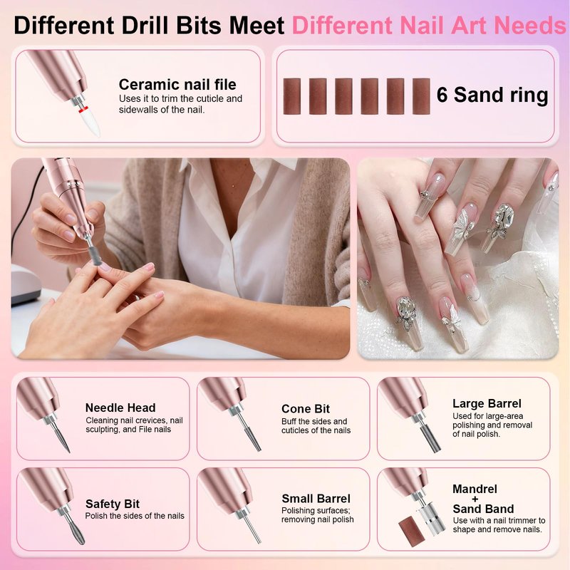 Professional Electric Nail Drill 40000RPM for Salon Home Use, Rechargeable Nail File Machine Kit with 12PCS Bits for Acrylic Gel Nails, Portable Efile Manicure Pedicure Tool (Pink Blue)