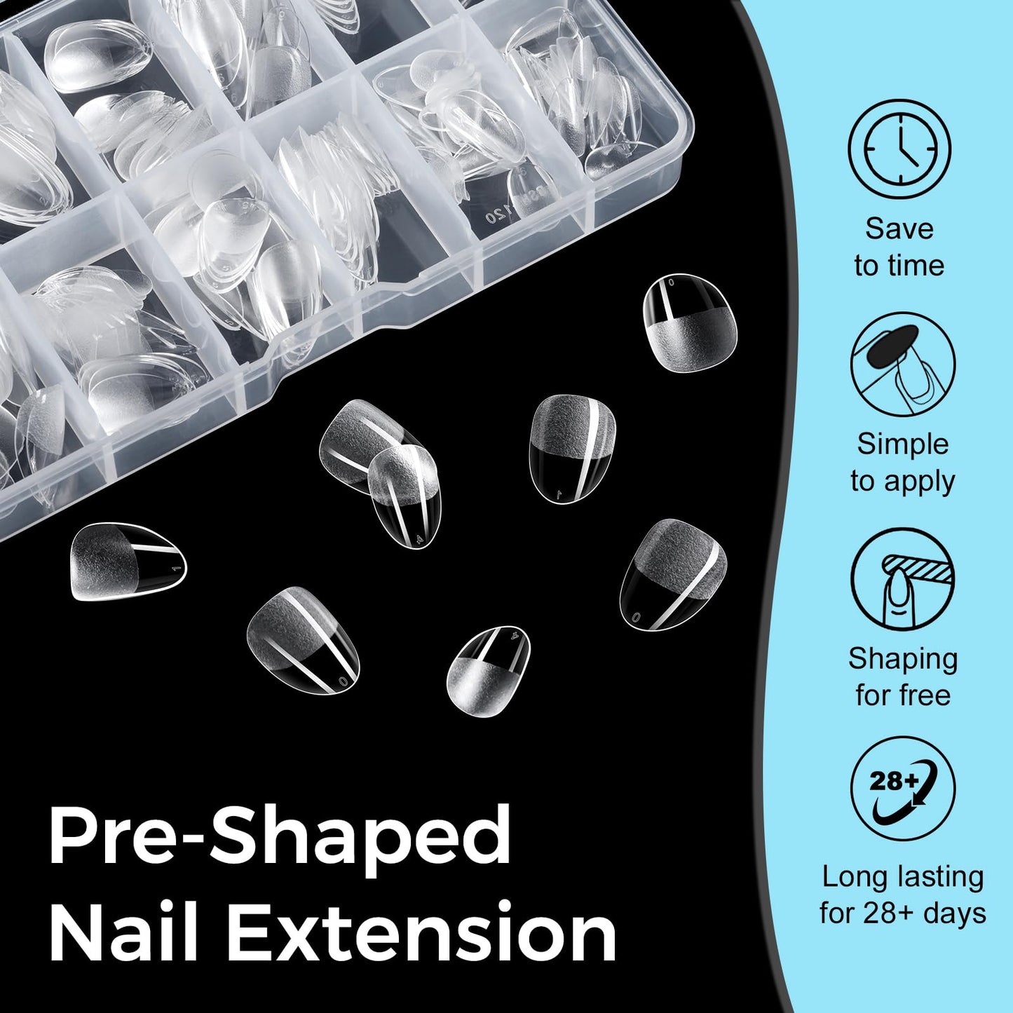 TOMICCA Extra Short Almond Nail Tips 240Pcs Pre-shaped Nail Extension for Gel Tips, 12 Sizes Acrylic Fake Press On Nails for Beginners and Professionals, Home DIY Nail Salon, Wedding