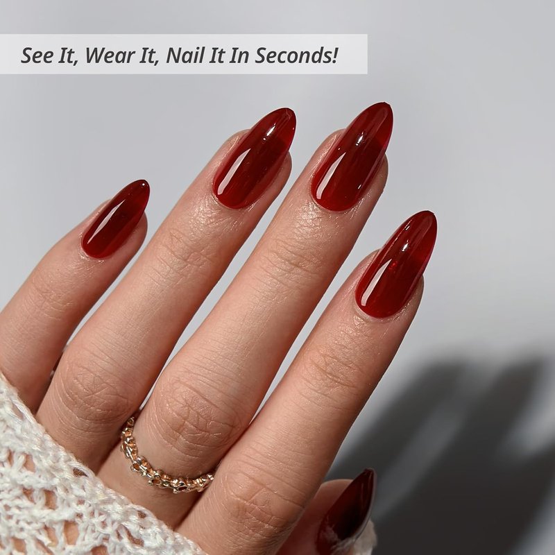 Press On Nails - Almond Shape Dark Red Medium Soft Gel | 32 Stick-On Nails Kit in 16 Sizes