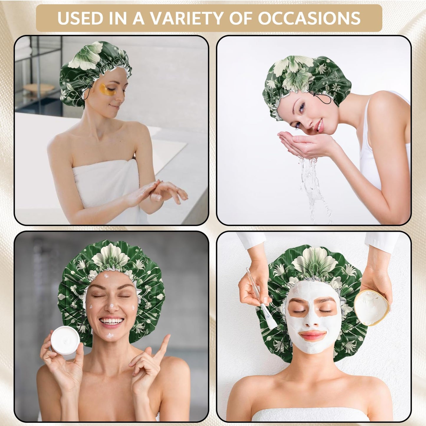 Zewurtuw Shower Cap Adjustable Waterproof Double Layer Elastic Reusable Hair Bath Cap Cute Aesthetic for Women Girls-Green Flower