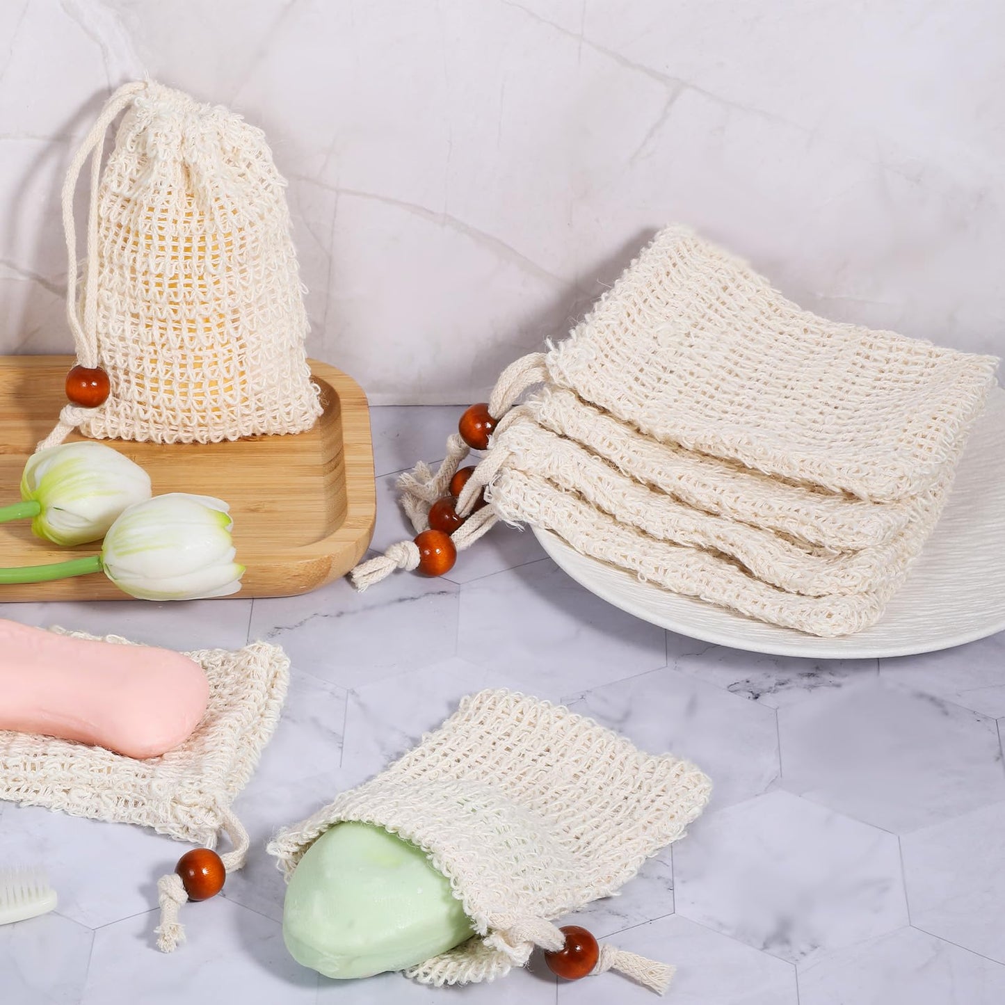 Oqqlin 50 Pcs Soap Saver Bag, 5.5 × 3.5 Inch Natural Cotton Linen Soap Pouch Mesh Exfoliating Hand Made Soaps Savers with Drawstring for Bath, Shower, Massaging