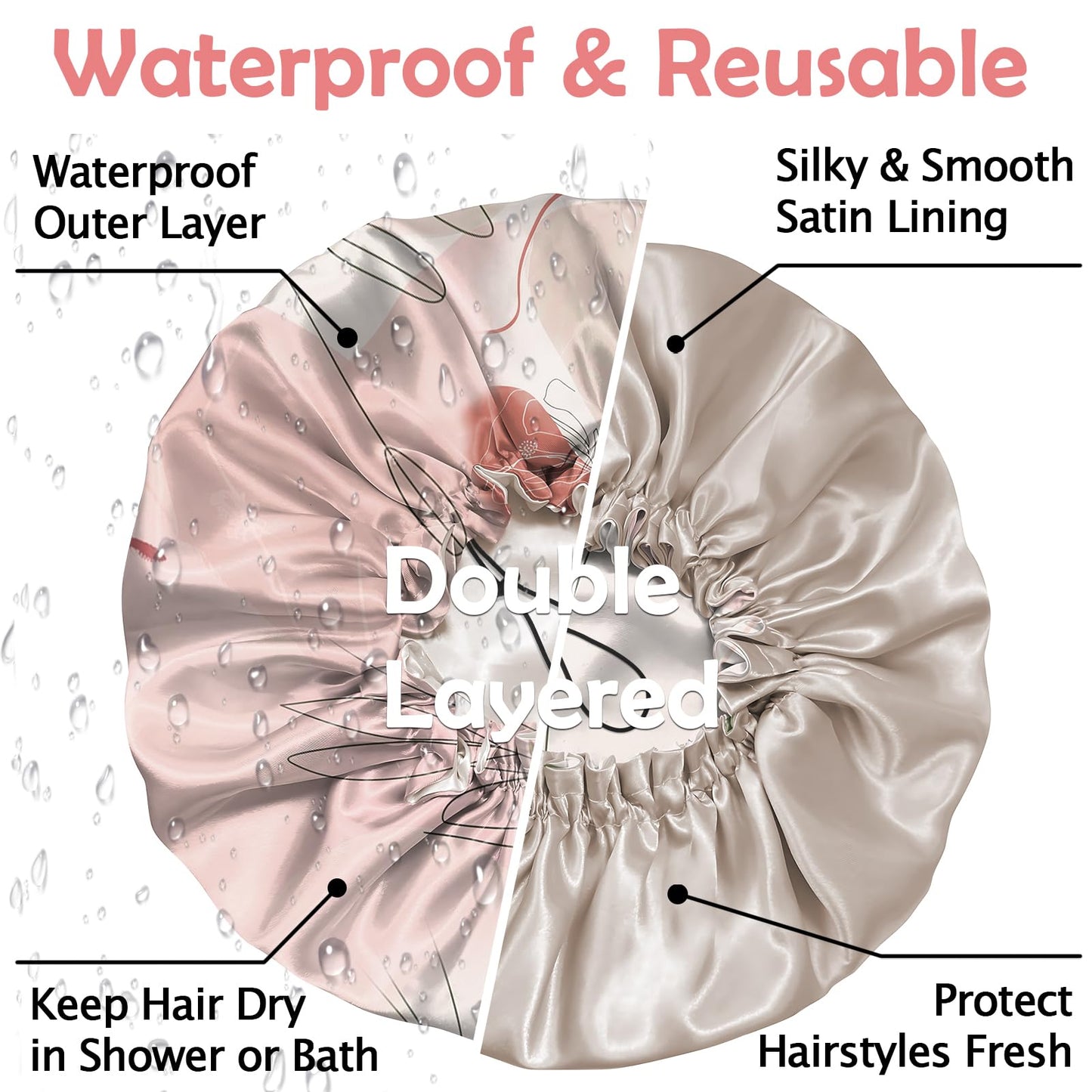 Cabreche Luxury Shower Cap Satin Silk Lined Adjustable Elastic Reusable Waterproof Shower Bath Cap Cute for Women Girls-Color Block