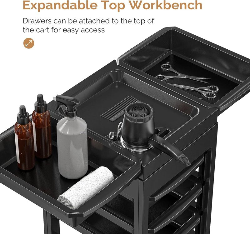 OmySalon Salon Cart for Hair Stylists - Black Rolling Organizer with 5 Drawers & Hair Dryer Holder | Beauty Spa Storage Solution
