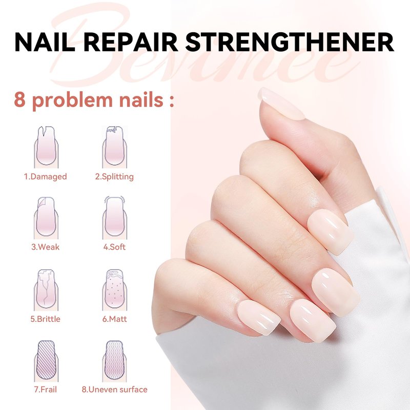Bevimee Nail Strengthener Natural Nails Hardener Extra Strong and Growth Nude Nail Repair Strengthening Polish Ridge Filler for Weak and Damaged Nails 12ML