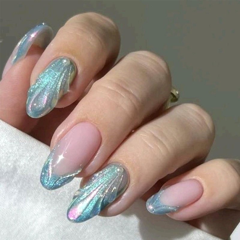 30Pcs Short Almond Press on Nails 3D Blue French Tip Fake Nails with Aurora Glitter Designs Ocean Press on False Nails Pearl Acrylic Nail Full Cover Artificial Stick on Nail for Women