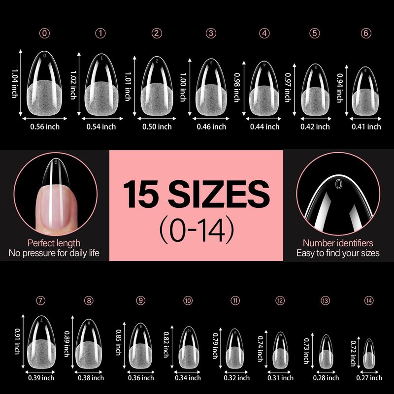 AILLSA Medium Almond Shaped Nail Tips - 15 Sizes 240pcs Acrylic Nails Tip Full Cover Half Matte Nails Tips Press on Nails for DIY Home Salon