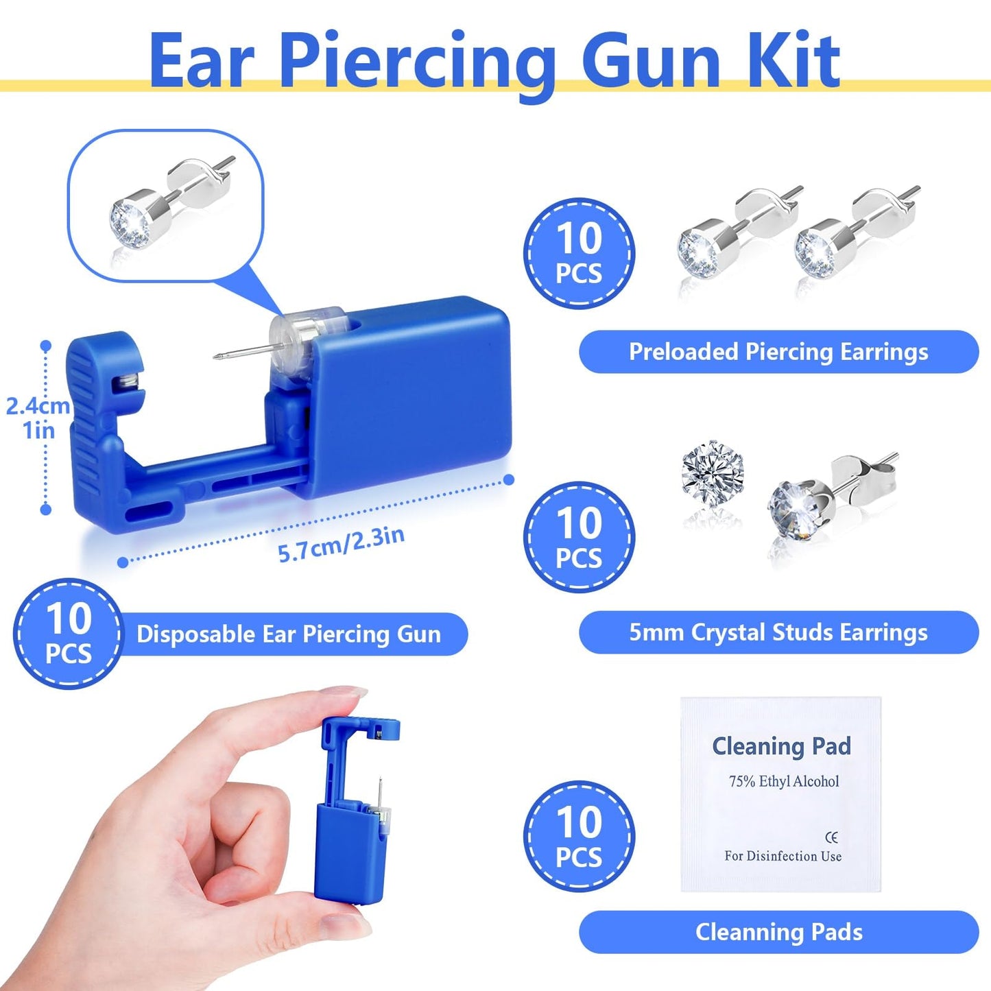 30Pcs Ear Piercing Kit, Self Ear Piercing Gun with Preloaded Piercing Studs, Disposable Earring Gun with Silver Earrings for At Home Salon Earlobe Cartilage Helix Tragus Piercing Tool Kit