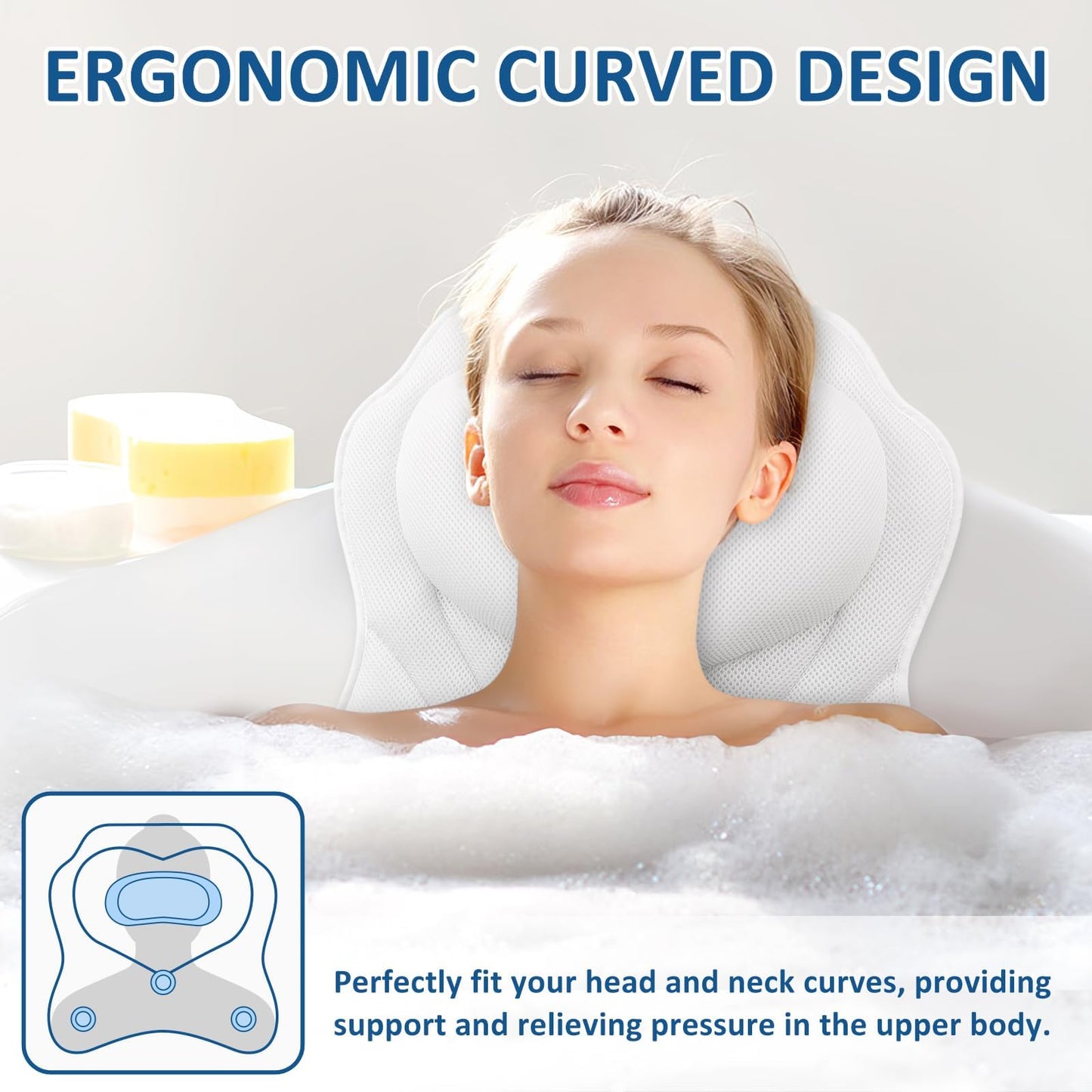 LuxStep Bath Pillow-Bathtub Pillow with Air Mesh Fabric & 6 Non-Slip Suction Cups, Bath Pillows for Tub Head, Neck and Back Support, Bath Accessories Spa Gifts, White