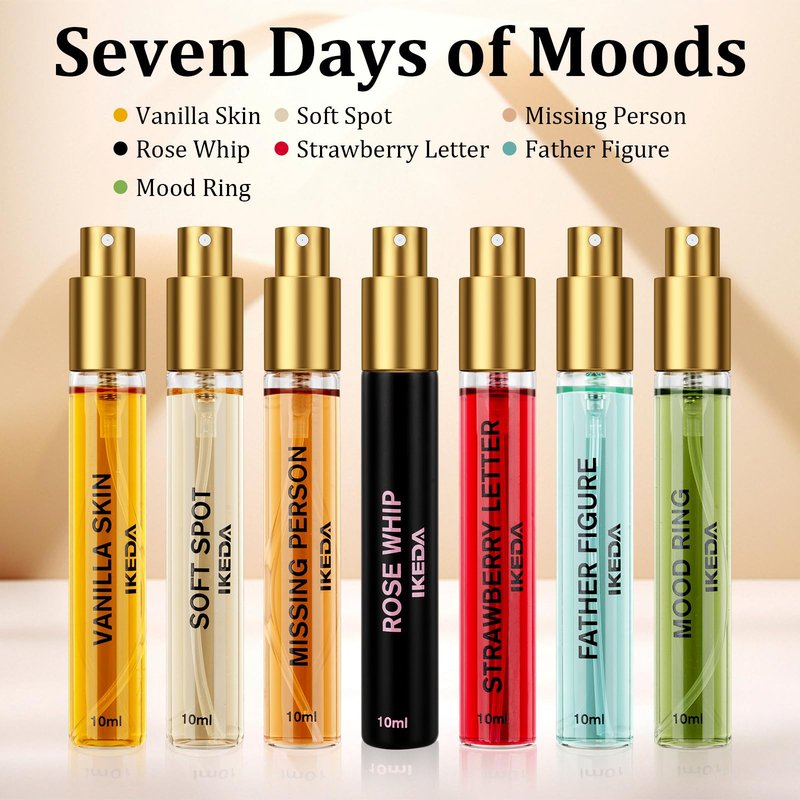 Ikeda Fragrance Discovery Set- 7pc 10ML20% Eau de Parfum Set w/Travel Case, Long Lasting 8-12H, Includes Vanilla Skin, Rose Whip & Golden Rule, Luxury Gift for Women & Men