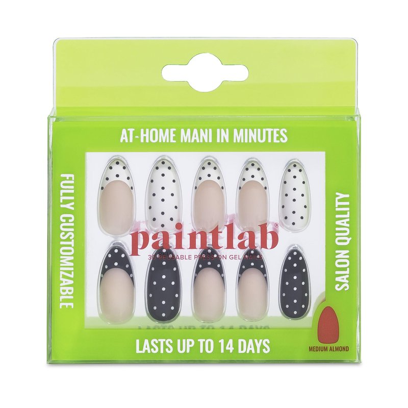 PaintLab Press On Nails - Polka Dot Couture Black & White Almond Fake Nails, 30 Nails in 15 Sizes with Glue, Reusable Salon Quality Polka Dot Press on Nails