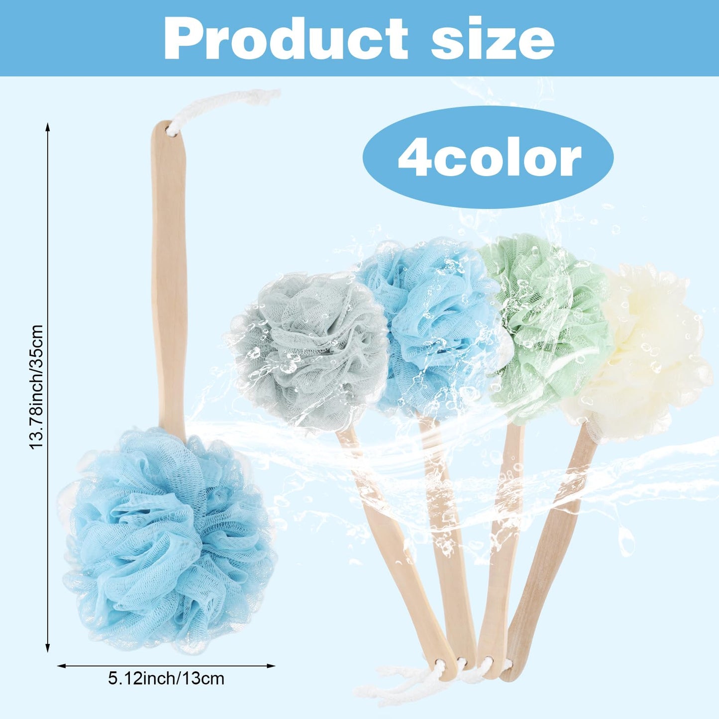 12 Pcs Loofah Back Scrubber with Long Handle, Shower Brush with Soft PE Mesh, 4 Colors Body Bath Sponge for Men and Women Spa