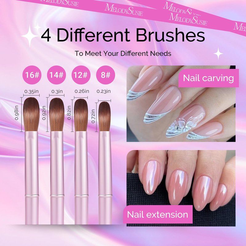MelodySusie 4Pcs Acrylic Nail Brush Set, Size 8/12/14/16 Professional Nail Brushes for Acrylic Powder Nail Extension and 3D Nail Carving for DIY Home Salon