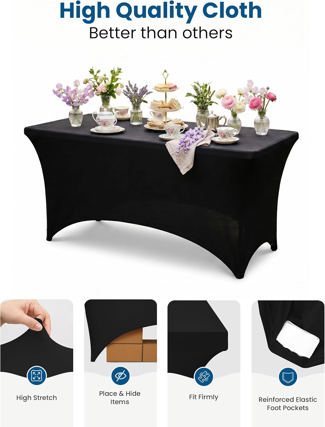 Spandex Tablecloth 2 Pack - Fitted & Washable Black Rectangular Cover | 6FT for Events, Weddings & Parties (72Lx30Wx30H Inch)