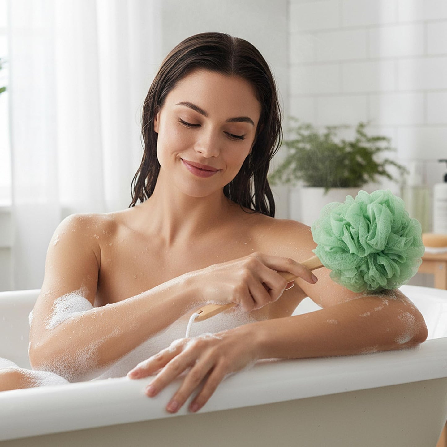 12 Pcs Loofah Back Scrubber with Long Handle, Shower Brush with Soft PE Mesh, 4 Colors Body Bath Sponge for Men and Women Spa