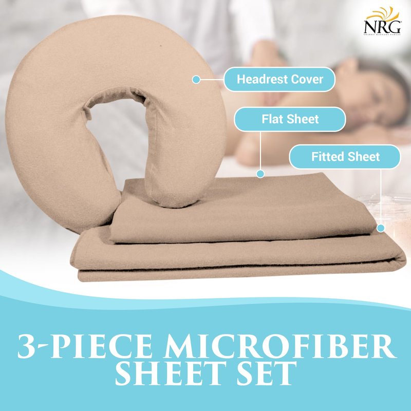 Premium Microfiber 3 Piece Massage Sheet Set by NRG - Includes Massage Table Flat Sheet, Fitted Sheet and Face Rest Cover - 100% Double Brushed Polyester, Soft as Silk - 120 GSM - Color: Natural
