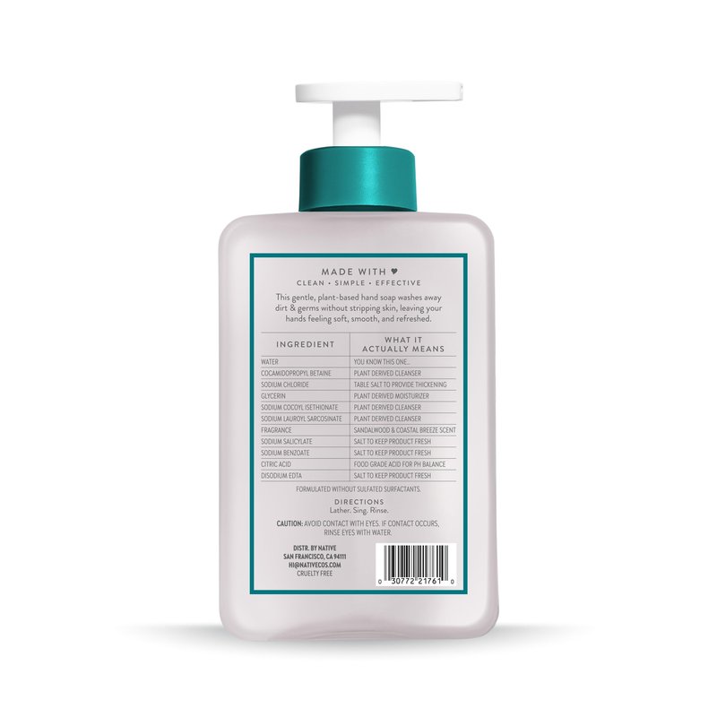 Native Liquid Hand Soap, Sandalwood & Coastal Breeze Scent, Non-Drying Formula for Soft, Smooth Hands, Made with Plant-Based Cleansers, Sulfate & Paraben Free, 13 oz Bottle