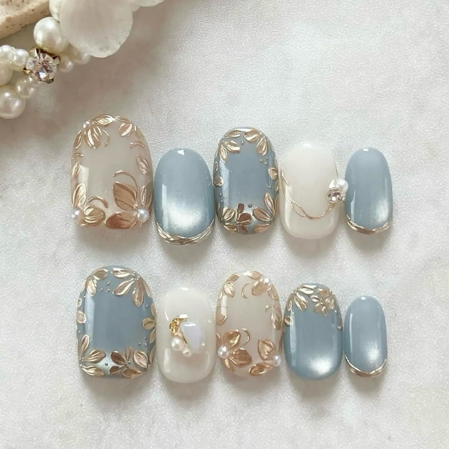 Square Press-On Nails - Short 3D Floral Glitter Design | Glossy Blue French Full Cover - 30 Pcs