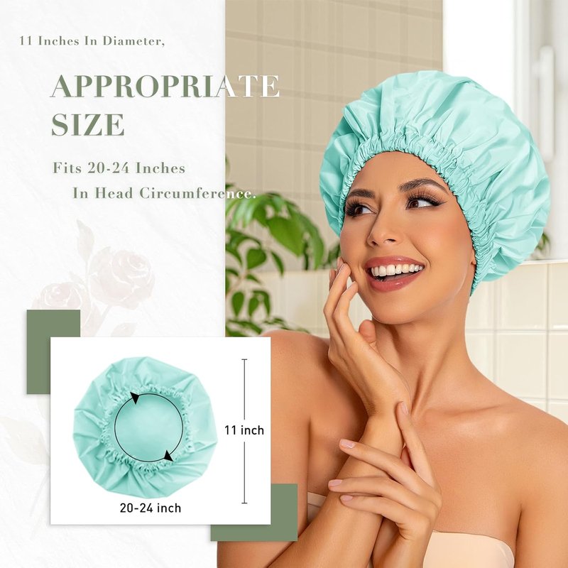 Reusable Shower Cap for Women - Large Waterproof Hair Bonnet | Elastic Band, Washable for Long Curly Hair - Mint Green
