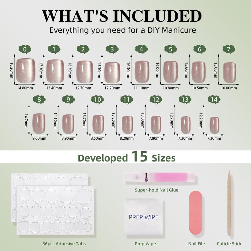 Cat Eye Press On Nails Square - Neutral Short Square Fake Nails, Cateye Press On Nails Reusable Stick On Nails in 15 Sizes 30pcs False Nail Kit for Women & Girls (Moonlit Pearl)