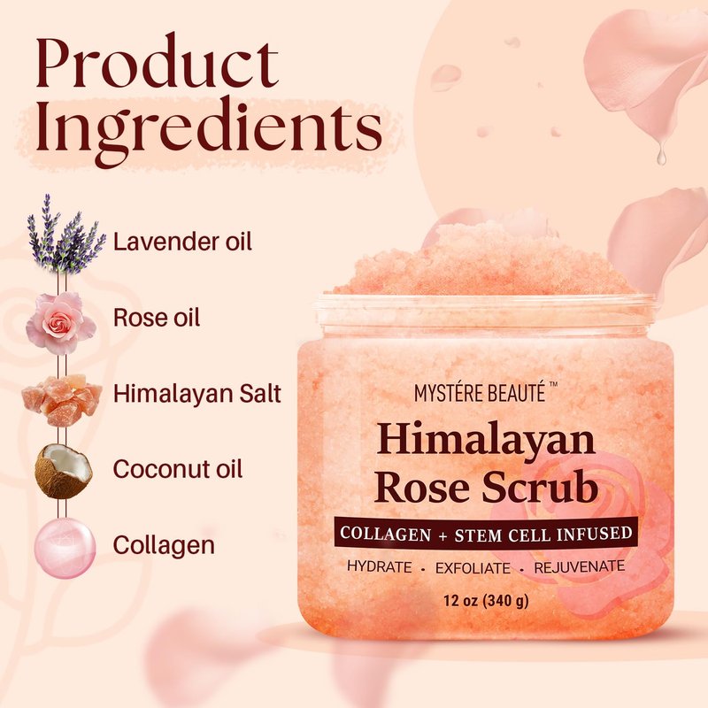 MYSTÉRE BEAUTÉ Himalayan Salt Body Scrub with Collagen & Rose Oil (12 oz) - Exfoliating Scrub for Cellulite, Acne, Scars & Stretch Marks - Deep Cleansing & Moisturizing - Natural Skin Care Gift