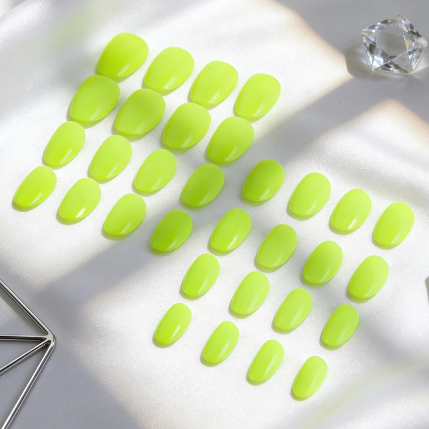 Skiennix Neon Green Press On Nails - Glossy Short Almond Full Cover | 32 Pcs for Stunning Manicures