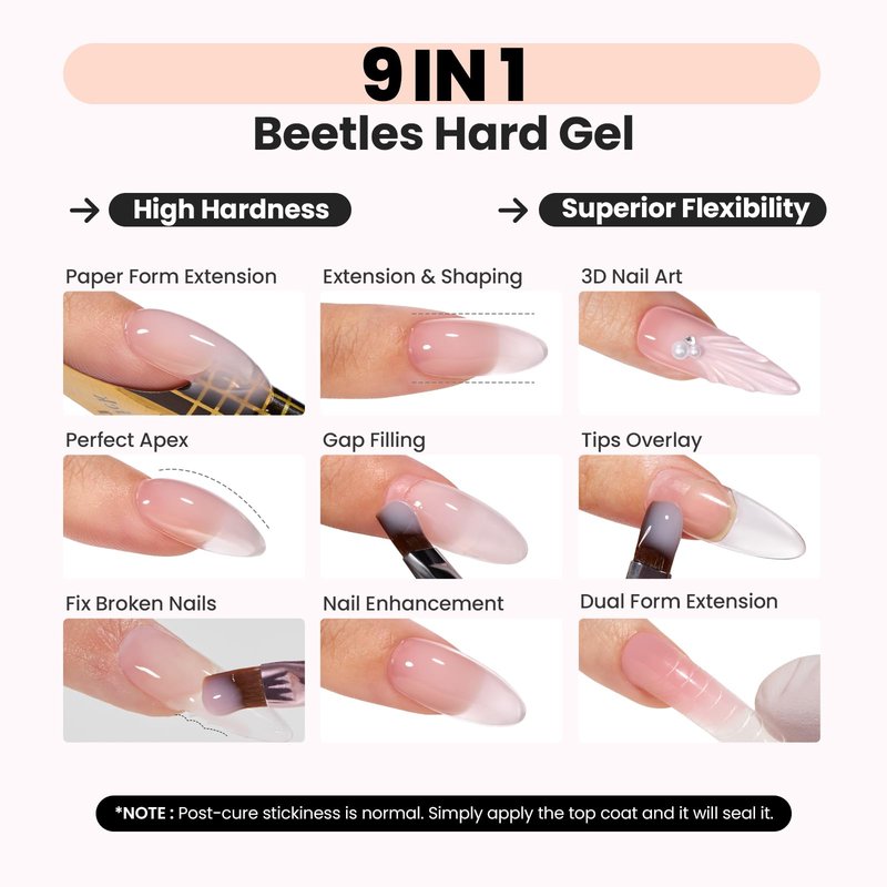Beetles HEMA-Free Hard Gel for Nails-1.06oz 9 in 1 Jelly Nude UV/LED Lamp Cured Sculpting Stengthener Gel for Nail Extension & Nail High Hardness Nails for Manicurist Women