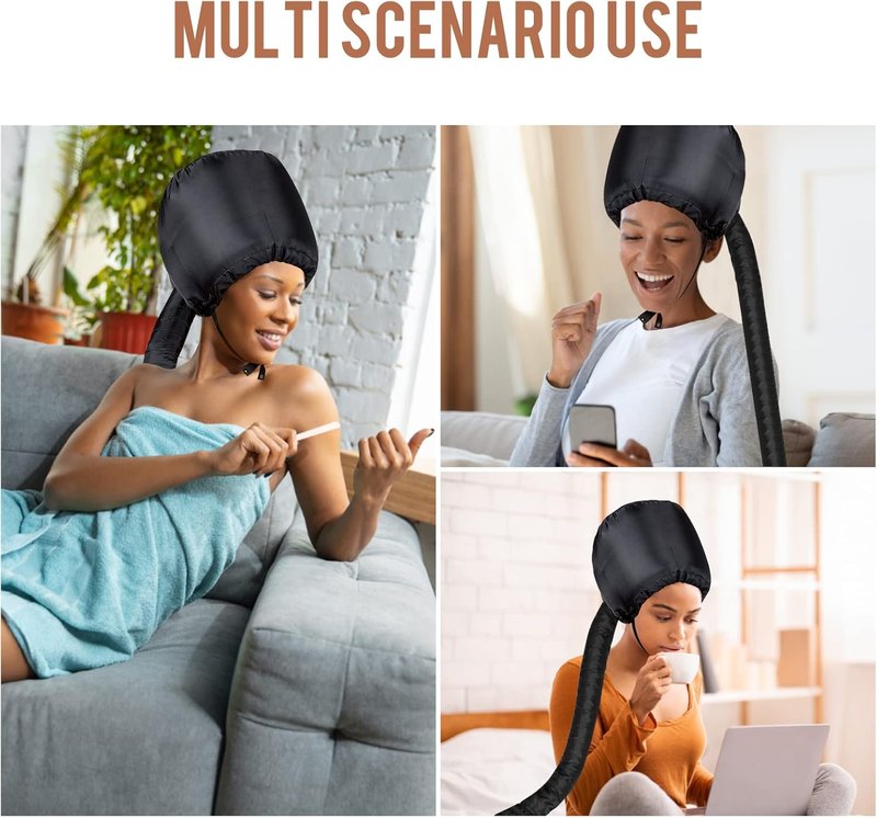Bonnet Hood Hair Dryer Attachment - Elastic Strap for Hair Styling & Deep Conditioning | Black