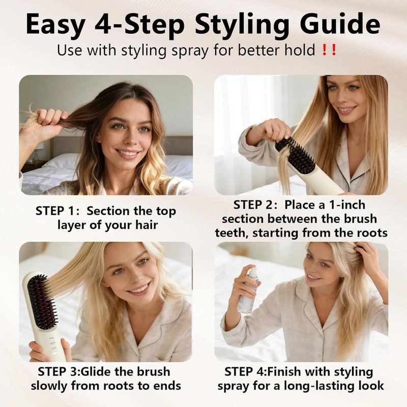 Go Brush Pro Cordless Hair Straightening Brush - 2026 Upgrade with 4 Temp Settings & MCH Ceramic Care | Beige