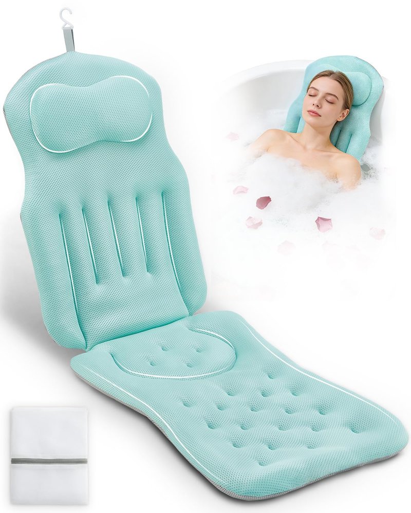 Full Body Bath Pillow for Bathtub, 5D Thick Tub Pillow for Bathtub with 192 Non-Slip Suction Cups, Laundry Bag & Hook, Bathtub Pillow for Head, Neck & Back Support (Green, 51"*15")