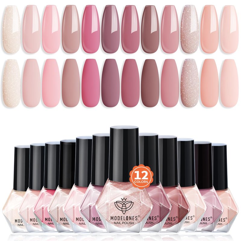 Modelones Nail Polish Set - 12 Colors Quick Dry Mini Lacquer Kit | Neutral Shimmer & Glitter for DIY Nail Art