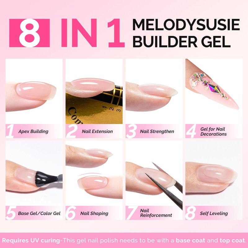 MelodySusie Builder Gel Nail Polish Set, Base Colors Jelly Pink Clear 8 in 1 Nail Thickening Rubber Base Gel Polish,Soak Off UV Extension,Rhinestone Nail Glue in a Bottle Gift for Women 6 Colors