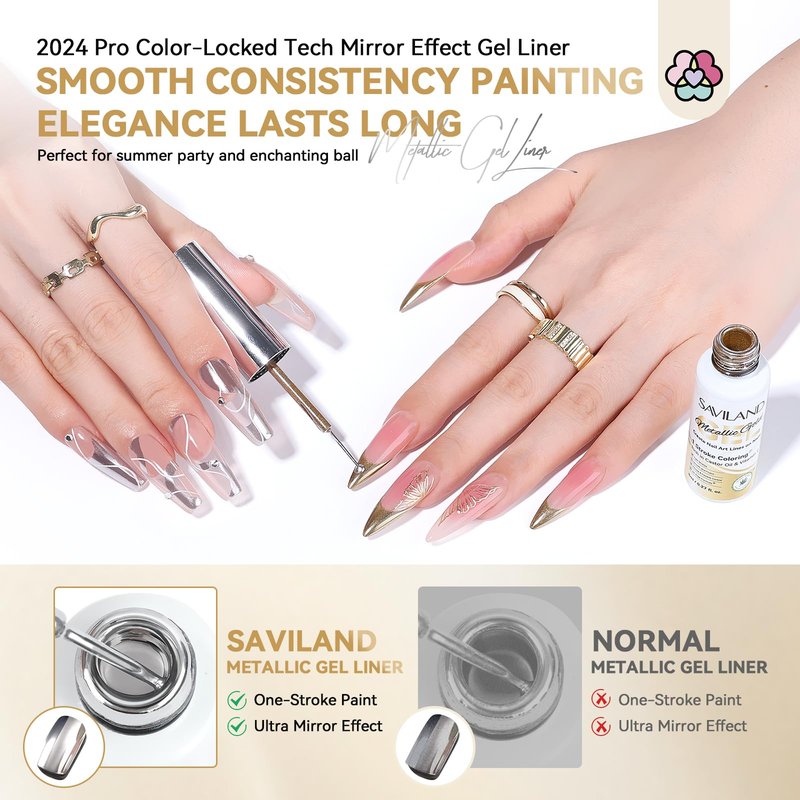SAVILAND Metallic Gel Liner Nail Art: 2PCS Silver & Gold Metallic Gel Nail Polish Chrome 3D Effect Mirror Gels Polish Build in Thin Brush Metal Painting Gels Nails Design for Salon Home DIY
