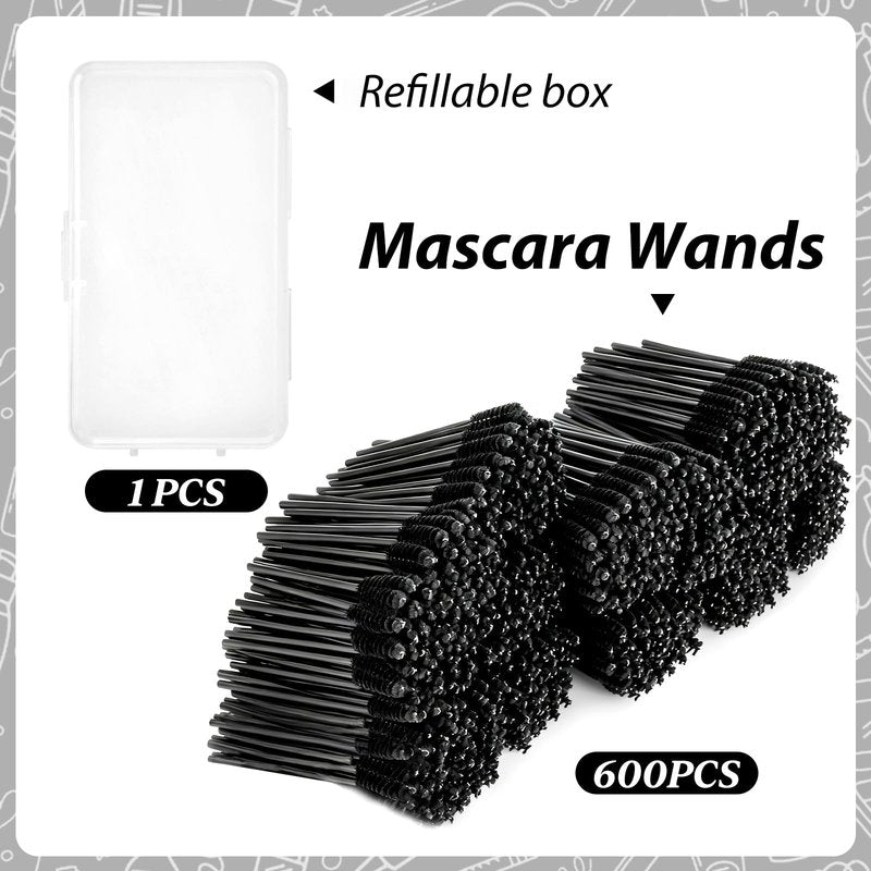 EWVVSS 600-Pcs Mascara Wands Disposable Eyelash Brush with Container Spoolies for Eyebrows Extensions(Black)