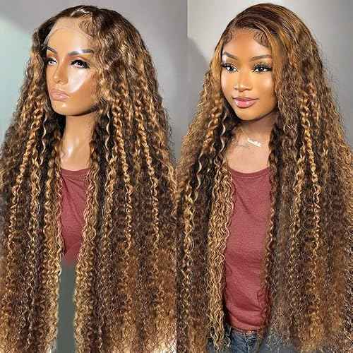 Highlight Ombre 13x6 Lace Front Wig Human Hair 210 Density 26 Inch Deep Wave Honey Blonde Glueless HD Transparent Lace Frontal Wigs for Women