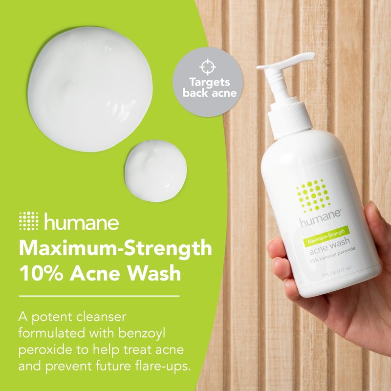 humane Benzoyl Peroxide Acne Body Wash - 10% Maximum-Strength Face, Skin, Butt, and Back Acne Treatment - 8 Fl Oz - Dermatologist-Tested Non-Foaming Acne Face Wash Cleanser - Vegan, Cruelty-Free