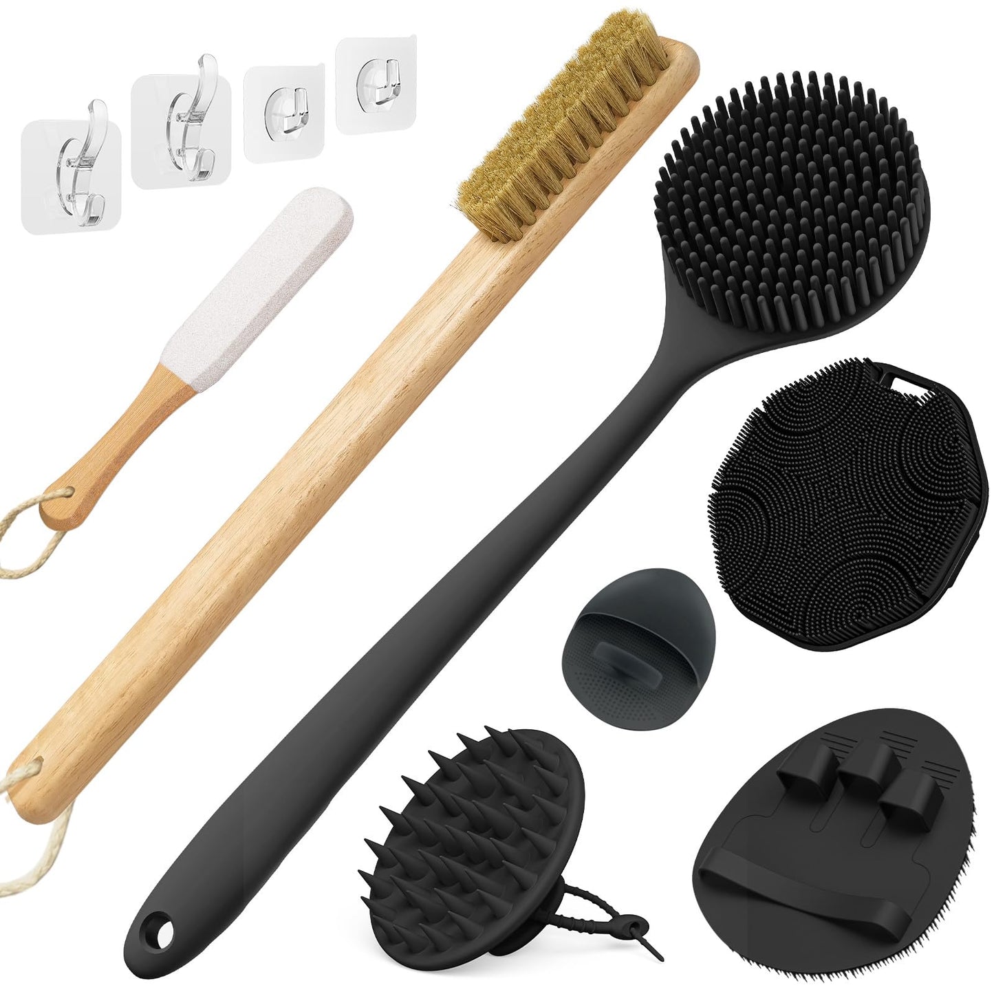 Manmihealth Silicone Back Scrubber & Soft Shower Brush, Silicone Scalp Massager, Wooden Foot Files Brush Set 7 PCS, Whole Body Scrubber & Shampoo Brush Combination, with 4 Free Hooks (Style 2 Black)