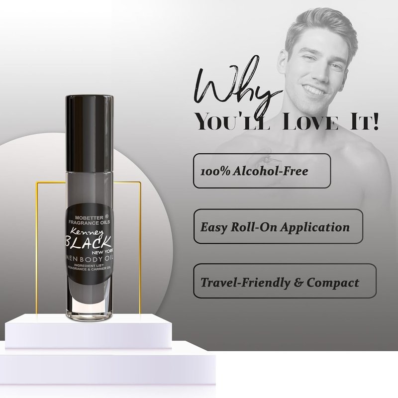 Kenney Black New York Men's Fragrance Body Oil - Long-Lasting Travel Size 0.33 Oz Roll-On Glass Bottle