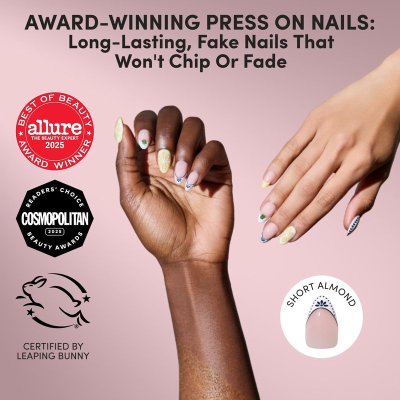 Glamnetic Press On Nails - Short Almond Fake Nails with Tropical 3D Nail Art | Salon Quality Vacation Nails | Sunset Tide |15 Sizes - 30 Nail Kit with Glue