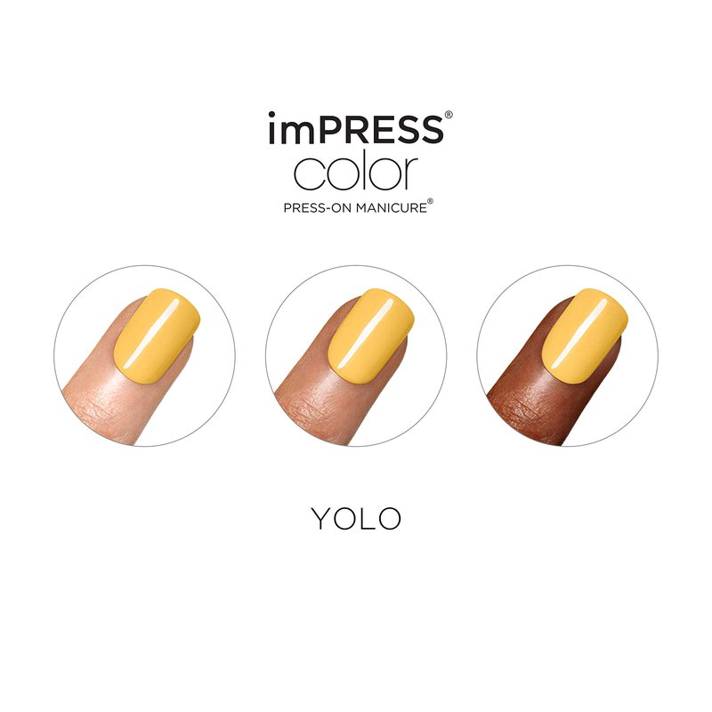 KISS imPRESS No Glue Mani Press On Nails, Color, 'YOLO', Yellow, Short Size, Squoval Shape, Includes 30 Nails, Prep Pad, Instructions Sheet, 1 Manicure Stick, 1 Mini File