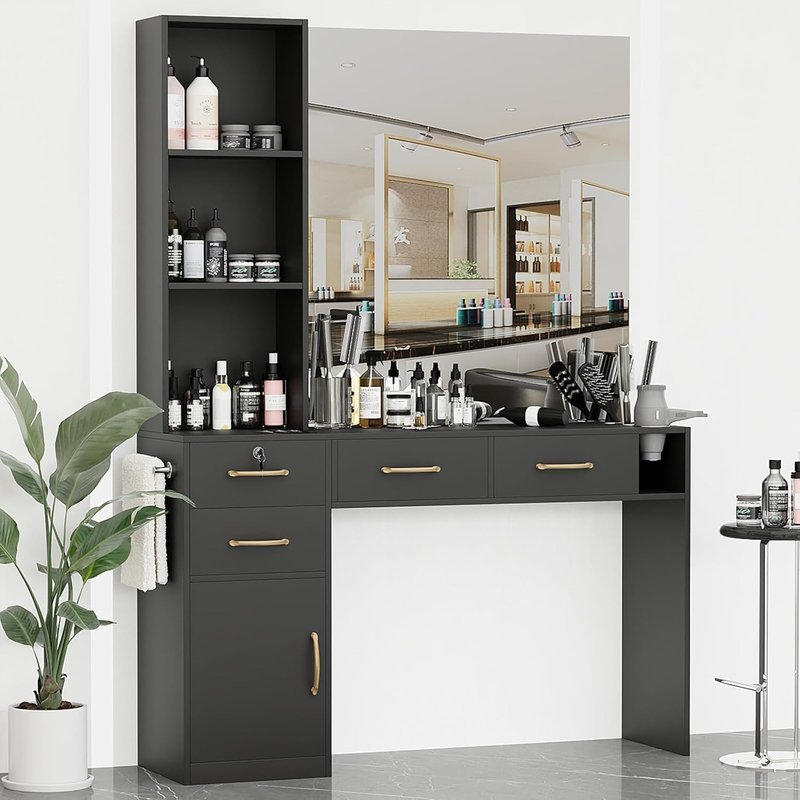 Skiennix Barber Station - Modern Hair Stylist Desk with 4 Drawers, Cabinet & Blow Dryer Holder