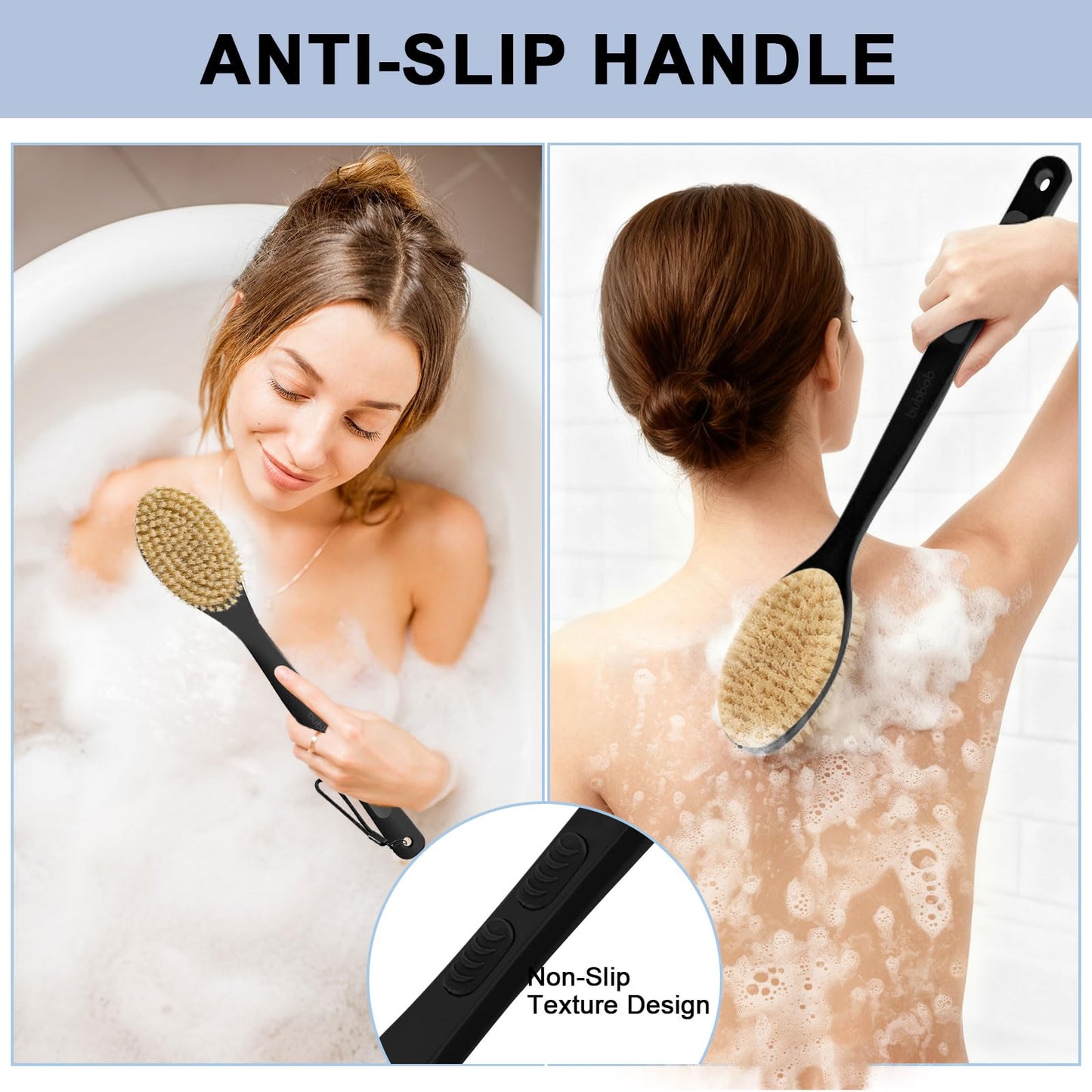 Back Scrubber for Shower with Long Handle, Exfoliating Bath Brush for Body - Double Sided Bristles (Stiff & Soft), Anti-Slip Grip, Lightweight - Gift for Seniors, Includes Lanyard & Hook,Black