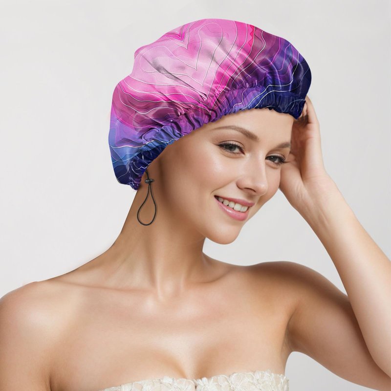 Deokke 2 PCS Shower Cap Reusable Waterproof Adjustable Double Layer Elastic Dry Hair Bathing Caps Aesthetic Cute for Women Girls-Heart Flower