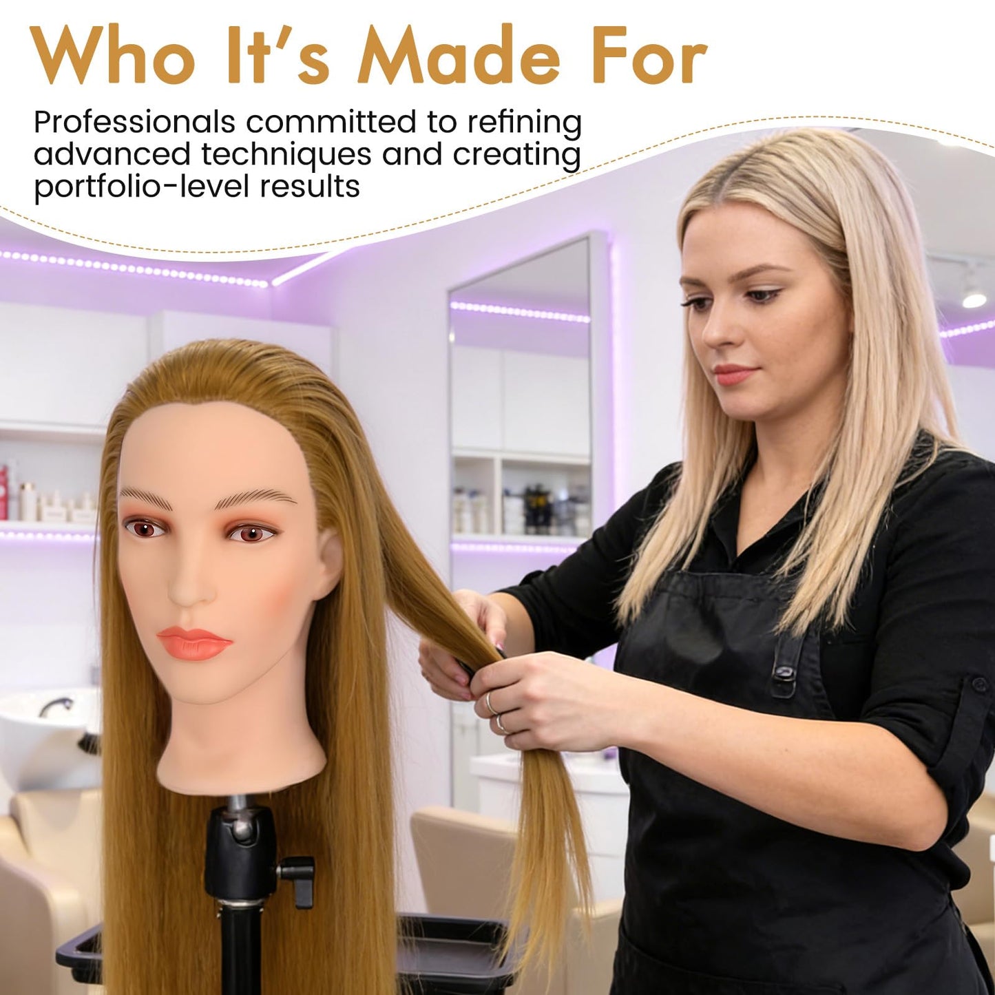 WIGNEE Professional Cosmetology Mannequin Head with Unique Realistic Face – Heat Resistant Synthetic Hair for Cutting & Styling Practice, Makeup-Friendly Training Head with Low Shedding, 26 Inch(27)