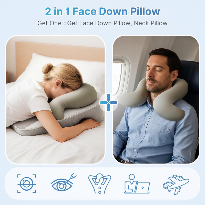 Eye Face Down Pillow Set for Sleeping, BBL, Retinal Surgery Recovery, Soft U-Shaped Memory Foam Stomach Sleeping Prone Pillow with Adjustable Loop for Personalized Comfort, Home Massage Pillows, Grey