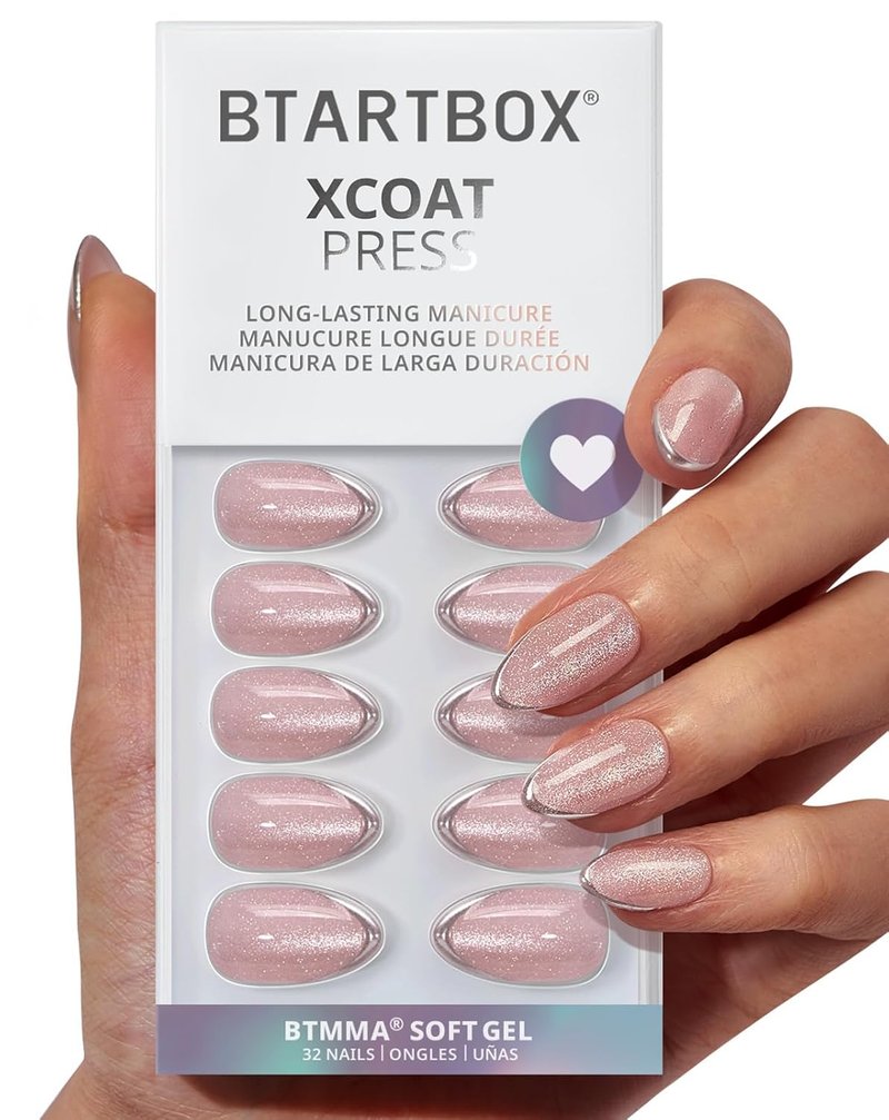 Press On Nails Almond - Blush Icicle | Lamp-Curable Cat Eye 3D Silver French Tip Short Nails with Glue & Adhesive Tabs - 16 Sizes Included